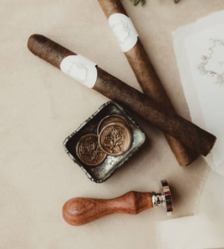 Invitation for wedding party with wax seals, letter and cigars